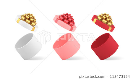 Collection realistic elegant circled open gift boxes decorated by metallic bow ribbon 3d vector 118473134