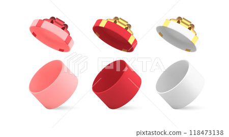 Set of cute multicolored circled festive gift boxes with open cap for desired present package vector Set of cute multicolored circled festive gift boxes with open cap for desired present package vector 118473138