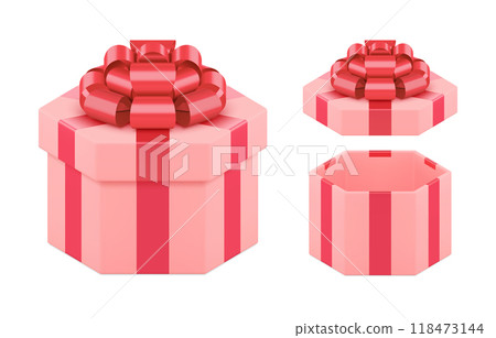 Cute wrapped pink open and closed festive polygon gift box decorated by red bow ribbon 3d template 118473144