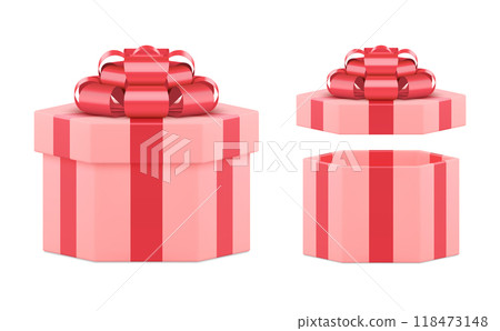 Pink open and closed festive polygon gift box with red bow ribbon anb bow 3d vector illustration 118473148