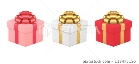 Realistic cubes festive gift boxes wrapped by metallic detailed bow ribbon for holiday party 118473150
