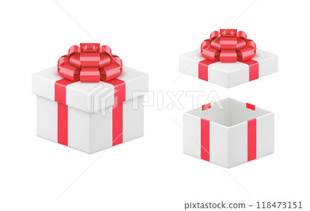Isometric squared tenderness wrapped white gift box with decorative metallic red bow ribbon Isometric squared tenderness wrapped white gift box with decorative metallic red bow ribbon 118473151