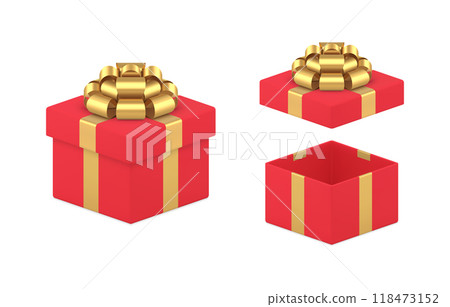 Unpacking set of luxury romantic squared red gift box decorated by golden bow ribbon vector 118473152