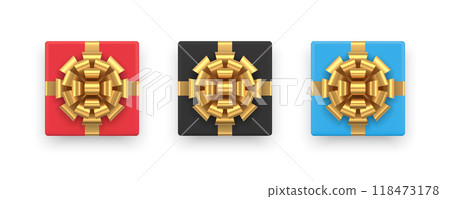 Set squared realistic multicolored glossy gift box decorated by luxury metallic golden bow ribbon 118473178