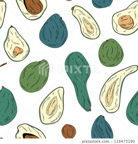 simple pattern with ripe colorful avocado fruits in doodle style on white background 118473190