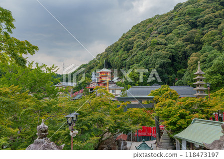 A wide-angle view of Japan's largest Jizo statue and three-story pagoda from the main hall of Chogosonshiji Temple 118473197