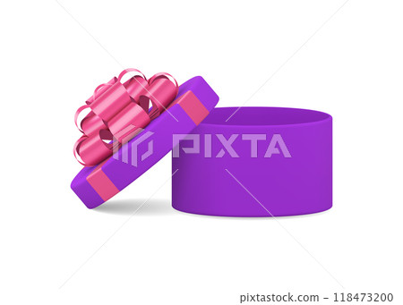 Unusual neon purple festive rounded gift box pink bow luxury decorative design 3d realistic vector Unusual neon purple festive rounded gift box pink bow luxury decorative design 3d realistic vector 118473200