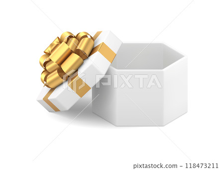 Classic elegant white hexagon cardboard with open cap decorated by metallic gloss golden bow 118473211