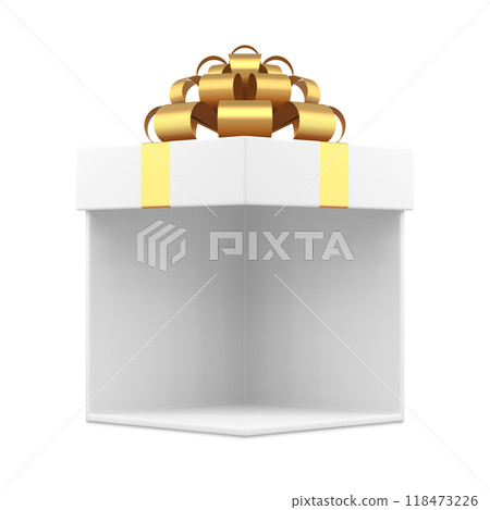 Adorable wrapped white gift box decorated metallic golden bow ribbon festive decorative design 3d Adorable wrapped white gift box decorated metallic golden bow ribbon festive decorative design 3d 118473226