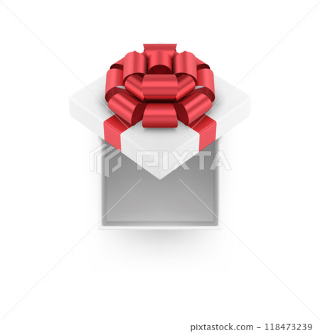 Top view realistic elegance tender open squared gift box with rhombus cap decorated red glossy bow 118473239