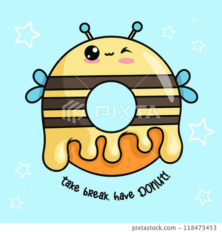 Cute sweet donut bee with drops glaze. Funny card with delicious pastries cartoon kawaii character food. Vector illustration. Kids collection. Cute sweet donut bee with drops glaze. Funny card with delicious pastries cartoon kawaii character food. Vector illustration. Kids collection. 118473453