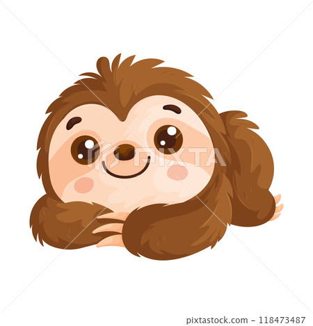 Adorable sloth illustration lying down with a cheerful smile, ideal for childrens designs, animal-themed prints, or playful art projects. 118473487