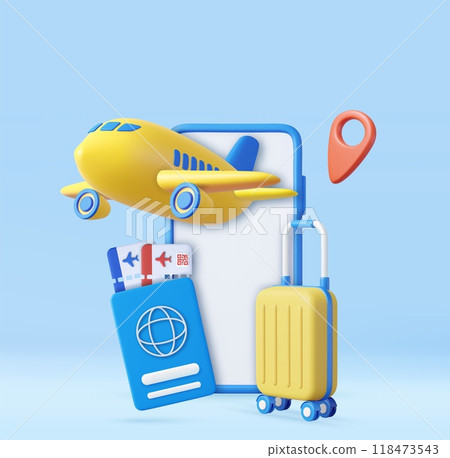 3D mobile phone with ticket for flight airplane, suitcase 3D mobile phone with ticket for flight airplane, suitcase 118473543