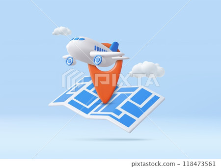 3D pin map with flight plane 3D pin map with flight plane 118473561