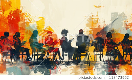 A group gathers around a table for a literary meeting, sharing ideas and books in a warmly lit atmosphere 118473962