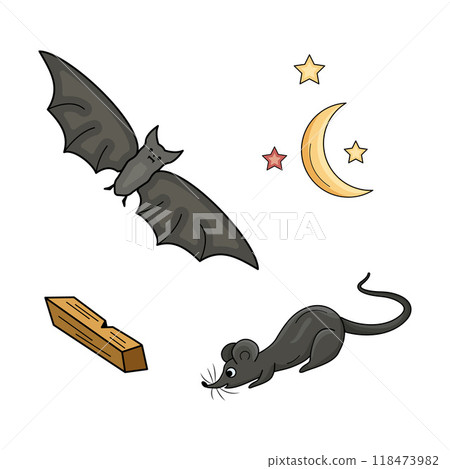 Gray mouse and bat vector illustration. Moon, month, yellow stars. Night dwellers. Rodents, vampire mouse with fangs. Isolated images, design elements for theme animals, witchcraft, Halloween. Gray mouse and bat vector illustration. Moon, month, yellow stars. Night dwellers. Rodents, vampire mouse with fangs. Isolated images, design elements for theme animals, witchcraft, Halloween. 118473982