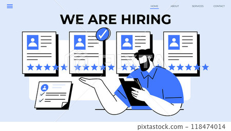 A hiring manager evaluates multiple job applications, symbolized by resumes with star ratings. Suitability is indicated by an approved checkmark. Ideal for HR, recruitment, job search, candidate 118474014
