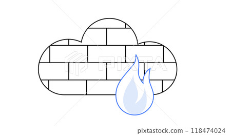Black and white brick cloud with a blue flame at the front. Ideal for cyber security, technology, digital protection, internet safety, and modern IT infrastructure. Simple vector style. 118474024