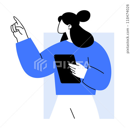 Woman holding a tablet and pointing upward Ideal for business presentations education leadership technology digital communication creative projects Modern clean illustration style predominantly in 118474026