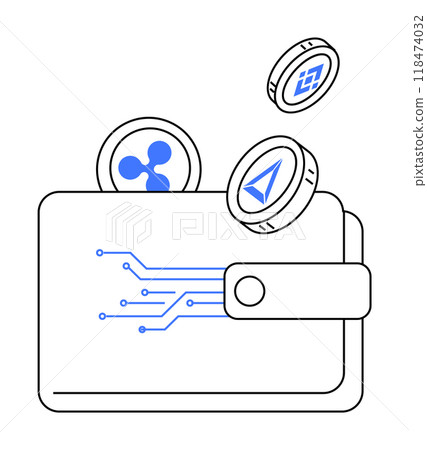A digital wallet with coins representing various cryptocurrencies. Ideal for blockchain, fintech, digital finance, online transactions, cryptocurrency. Clean vector style. A digital wallet with coins representing various cryptocurrencies. Ideal for blockchain, fintech, digital finance, online transactions, cryptocurrency. Clean vector style. 118474032