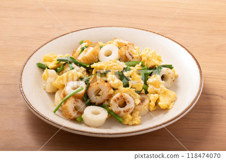 Fried egg with chives and chikuwa Fried egg with chives and chikuwa 118474070