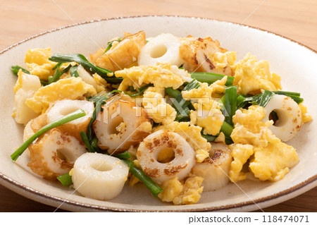 Fried egg with chives and chikuwa Fried egg with chives and chikuwa 118474071