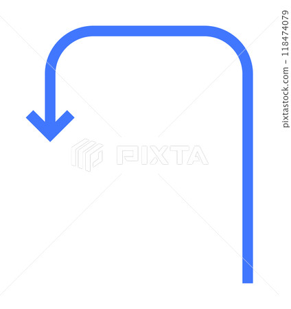 Blue U-shaped arrow pointing downward, symbolizing navigation, direction, and guidance. Ideal for wayfinding, map indications, user interface design, instructional purposes, and transportation signs. 118474079