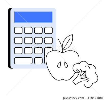 A calculator next to an apple and broccoli image representing the concept of nutritional calculations and healthy diet planning. Ideal for diet planning, fitness, healthy eating, nutritional education A calculator next to an apple and broccoli image representing the concept of nutritional calculations and healthy diet planning. Ideal for diet planning, fitness, healthy eating, nutritional education 118474081