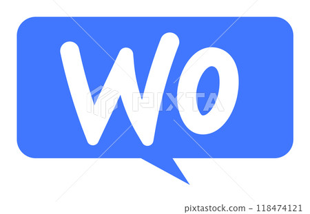 Blue speech bubble featuring bold white Wo text, closely resembling the WoCommerce logo. Ideal for e-commerce, online stores, branding, logos, digital marketing, graphic design projects. 118474121