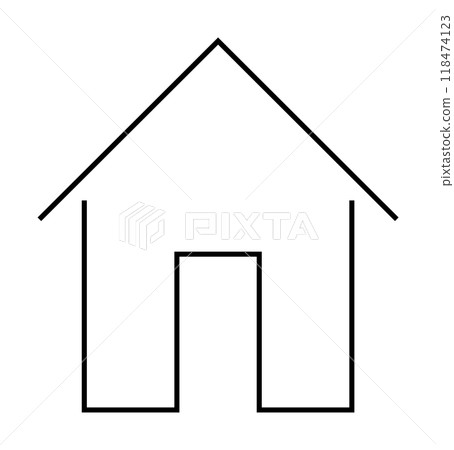 A minimalist black and white line drawing of a house. Ideal for real estate, home design, safety, shelter, and architecture. Simple, clean, modern style. 118474123