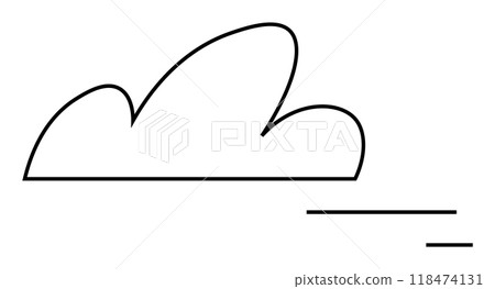 A minimalist black and white cloud with two horizontal wind lines, symbolizing movement or breeze. Ideal for weather forecasts, apps, web design, education, and infographics. Modern, clean, sleek. 118474131