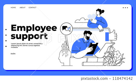 A professional setting with a man using a tablet, a woman with a heart icon, and various supportive elements Ideal for employee support team collaboration remote work wellness programs digital 118474142