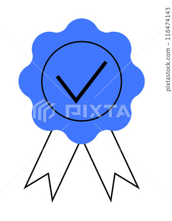 Blue ribbon with a check mark emblem signifies achievement. Ideal for awards, certification, quality assurance, recognition, and standards. Simple modern style. 118474143