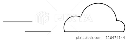 A black outlined cloud on a white background with clean lines. Ideal for weather apps, nature-themed projects, childrens books, educational material, and graphic design. Simple, modern design. 118474144