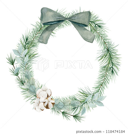 Watercolor illustration of a Christmas wreath made of fir branches, eucalyptus and cottons. Watercolor illustration of a Christmas wreath made of fir branches, eucalyptus and cottons. 118474184
