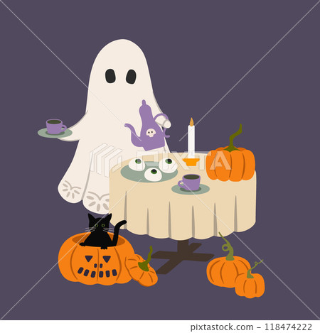 Cute Halloween vector scene. Vintage friendly ghost with cup of tea, round table, candle, autumn pumpkins and black cat illustration on dark background. Whimsical Halloween spooky character Cute Halloween vector scene. Vintage friendly ghost with cup of tea, round table, candle, autumn pumpkins and black cat illustration on dark background. Whimsical Halloween spooky character 118474222