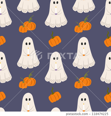 Halloween ghosts vector seamless pattern. Cute vintage ghosts with candles, autumn pumpkins on dark purple background. Whimsical friendly spooky characters for seasonal trick or treat designs Halloween ghosts vector seamless pattern. Cute vintage ghosts with candles, autumn pumpkins on dark purple background. Whimsical friendly spooky characters for seasonal trick or treat designs 118474225