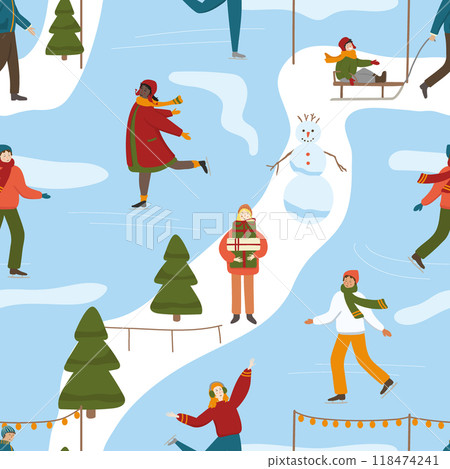 Winter town outdoor activities vector seamless pattern. Happy people figure skating on ice rink, father pulling sled with smiling kid, young female holding gift boxes. Christmas holiday background Winter town outdoor activities vector seamless pattern. Happy people figure skating on ice rink, father pulling sled with smiling kid, young female holding gift boxes. Christmas holiday background 118474241