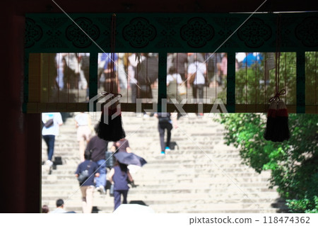Kamakura Tsurugaoka Hachimangu Shrine dance hall and visitors on the stone steps 118474362