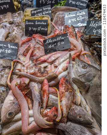 Fresh food market with variety of fresh fish, Murci, Spain 118474433
