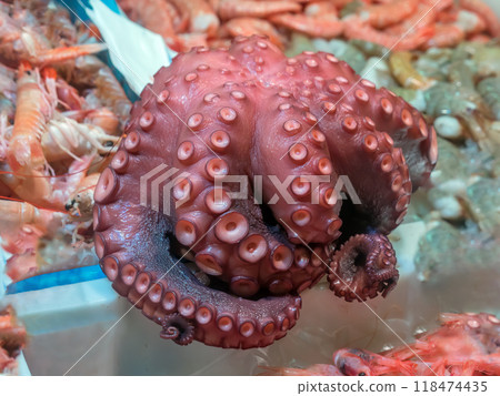 Fresh octopus meat at the sea food market, Murci, Spain 118474435
