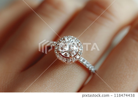 Closeup of a wedding ring on a finger, symbolizing love and unity 118474438