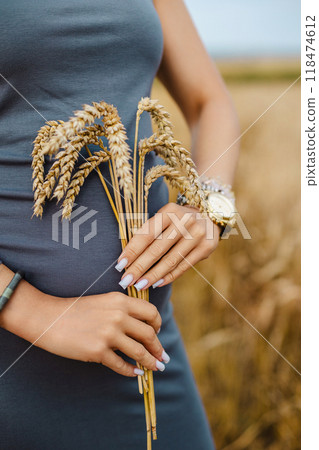 A woman in a blue dress gently cradles a bunch of golden wheat in her hands, symbolizing simplicity 118474612