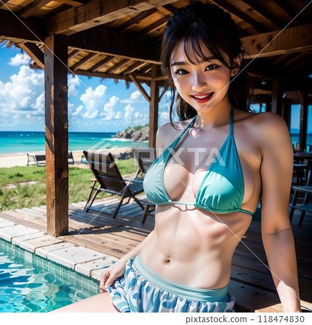 Swimsuit woman sitting by the pool 118474830