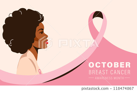 Breast cancer awareness month vector background. Beautiful black african american woman with pink ribbon on her chest. Medical illustration for prevention cancer illness, female healthcare 118474867