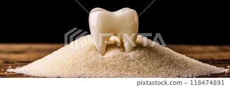 Plastic tooth in big pile of sugar. Sugar destroys tooth enamel leads to tooth 118474891