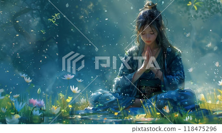 A woman sits peacefully, meditating in a lush meadow filled with colorful flowers and gentle beams of light filtering through trees 118475296