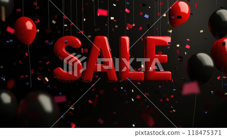 Red SALE letters with celebratory confetti and balloons on black background, creating an urgent and eye-catching Black Friday promotional visual. Black friday 118475371