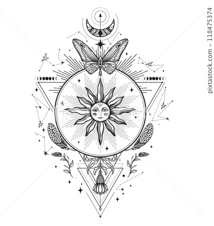 Vector composition of black and white moth, plants, elements of astrology and sacred geometry isolated on white background. Mystical symbols and insects. 118475374