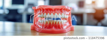 Mockup of a human jaw on a table in a dental office 118475396